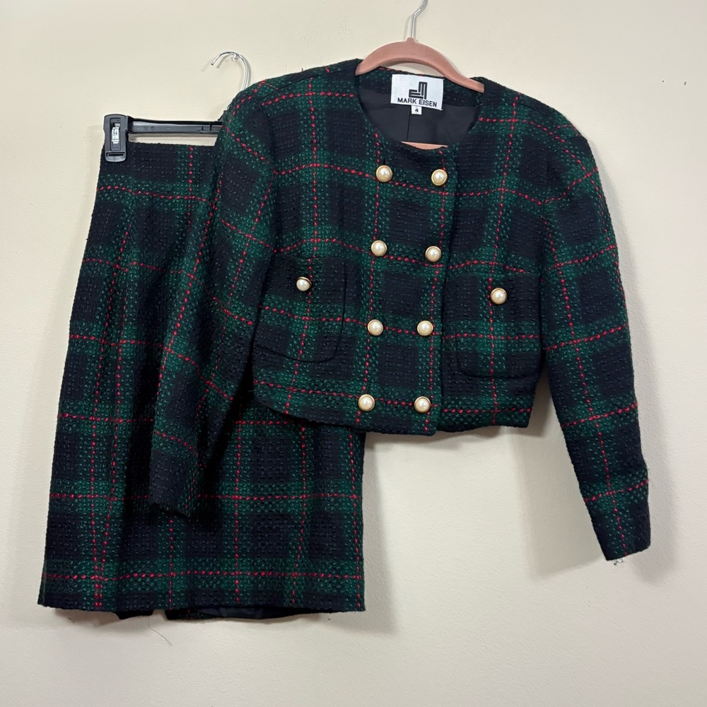 Mark Eisen Wool Jacket & Skirt Suit Womens 4 green black plaid pearl buttons